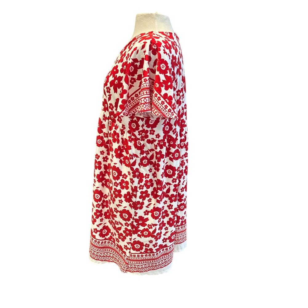 White Birch Red & White Floral Print Short Sleeve V-Neck Tunic Dress - Picture 2 of 7